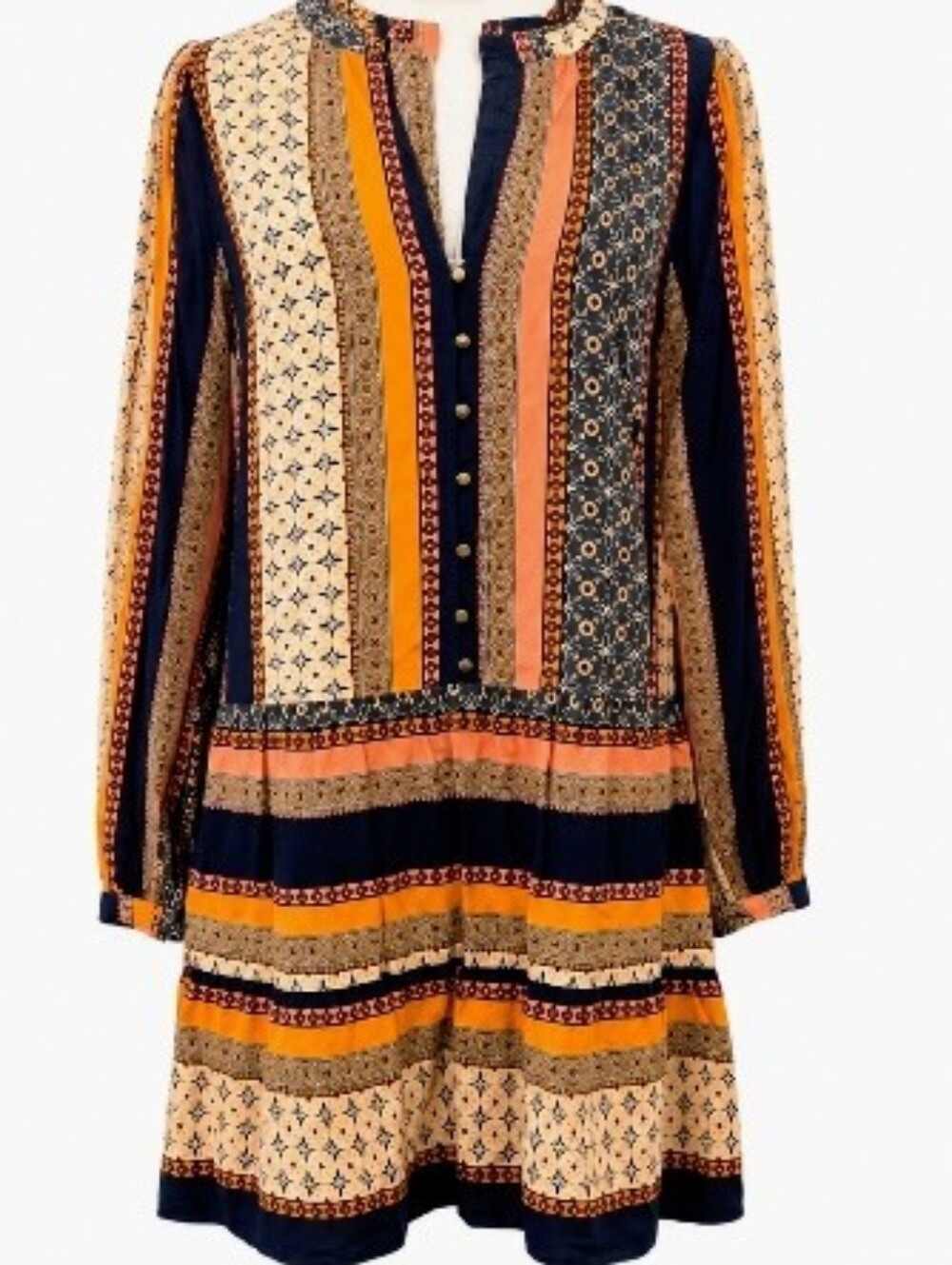LOFT Boho Striped Patchwork Long-Sleeve Dress - Navy, Mustard & Cream